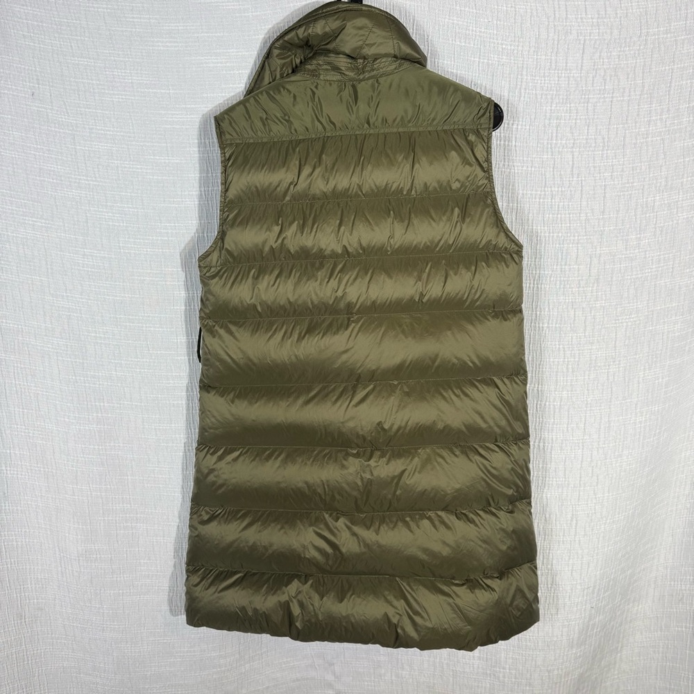 Olive Green Down-Filled Long Puffer Vest Size 2 |‎ Asymmetrical Zip Quilted Vest - Picture 4 of 15